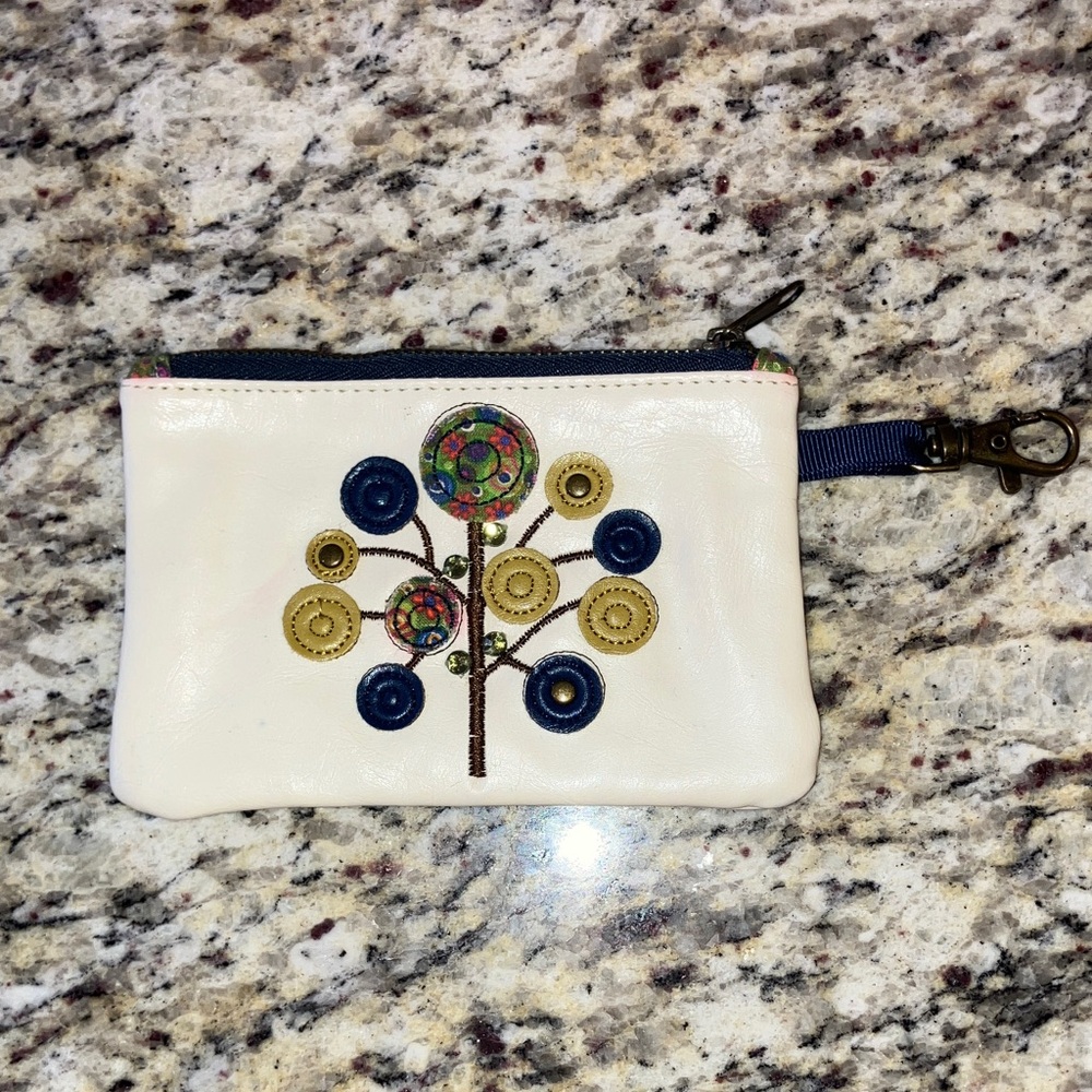 Floral Tree Design Wristlet Zip Pouch Clear ID Window Cream Navy Gold Hardware